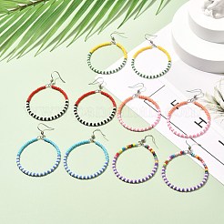 女の子の女性のためのカラフルなガラスシードビーズビッグリングダングルピアス  304ステンレススチールイヤリング  ミックスカラー  70mm  ピン：0.7mm&nbsp;EJEW-JE04653