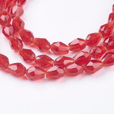 ガラスビーズ連売り  多面カット  ティアドロップ  レッド  6x4mm  穴：1mm  約65~68個/連  14.96~15.35インチ&nbsp;GLAA-R024-6x4mm-14-1
