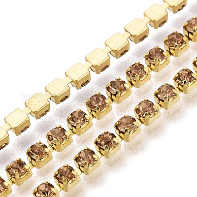 鉄ラインストーンカップチェーン  スプールで  銀  金色の石英  3x3x2.5mm  約10ヤード/ロール&nbsp;CH-A008-01D-1