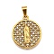 304 Stainless Steel Pendants, with Rhinestone, Religious Theme, PVD Vacuum Plating, Lady of Guadalupe Charm, Golden, Flat Round, 25x21.5x4mm, Hole: 3x7mm
