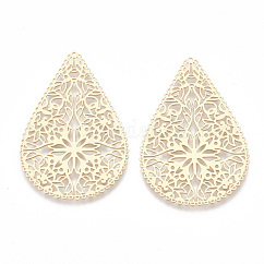 Brass Filigree Joiners Links, Etched Metal Embellishments, Cadmium Free & Nickel Free & Lead Free, teardrop, Light Gold, 40x26.5x0.3mm, Hole: 0.9mm