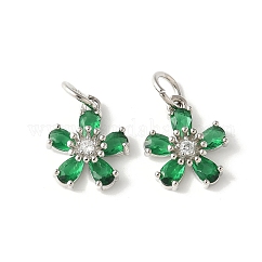 Brass Micro Pave Cubic Zirconia Pendants, Flower Charms, Rack Plating, Lasting Plated, Cadmium Free & Lead Free, with Jump Ring, Green, 14.5x12.5x4.5mm, Hole: 4.5mm