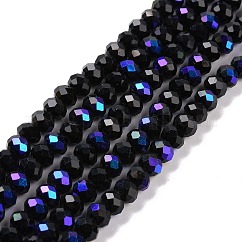 Electroplate Opaque Solid Color Glass Beads Strands, Half Rainbow Plated, Faceted, Rondelle, Black, 4x3mm, Hole: 0.8~1mm, about 105~110pcs/strand, 38~39cm