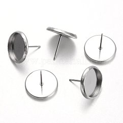 Tarnish Resistant Flat Round 304 Stainless Steel Stud Earring Settings, Stainless Steel Color, Tray: 12mm, 14mm, Pin: 0.7mm