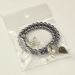 母と娘のための素敵なウェディングドレス天使のジュエリーセット  ストレッチブレスレット  ガラスパールビーズとチベット風のビーズで  ダークスレートグレー  45mmと55内径&nbsp;BJEW-JB00728-21