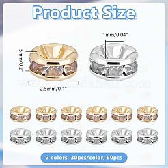 60個 2色 316サージカルステンレスラインストーンスペーサービーズ  フラットラウンド  ミックスカラー  5x2.5mm  穴：1mm  30個/カラー&nbsp;STAS-HY0002-08
