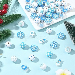 110個 11スタイル クリスマス 冬テーマ プリント木製ビーズ  染め  混合図形  混合図形  15.5~19.5x12.5~17.5x5.5~16mm  穴：2~4.5mm  10個/スタイル&nbsp;WOOD-YW0001-92