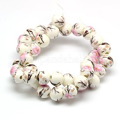 手作り花柄陶器セラミックビーズ連売り  ラウンド  パールピンク  10mm  穴：2mm  約35個/連  13.5インチ&nbsp;PORC-M007-10mm-06