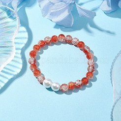 8mm ツートン透明クラックルガラスビーズストレッチブレスレット  女性用 10mm ラウンドガラスパールブレスレット  サンゴ  内径：2インチ（5cm）&nbsp;BJEW-JB10538