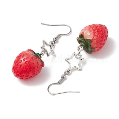 樹脂と合金のペンダントイヤリング  鉄のピアスフックで見つける  星付きイチゴ  レッド  55x16.5mm&nbsp;EJEW-JE05903