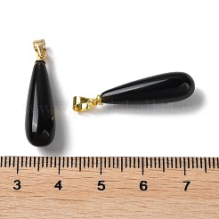天然黒曜石ティアドロップペンダント  イオンプレーティング(ip)金メッキ真鍮パーツ  26.5x7.5mm  穴：4.3x3.5mm&nbsp;G-Q005-03G-01