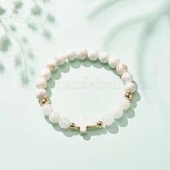 Natural White Jade & Magnesite & Synthetic Turquoise(Dyed) Stretch Bracelet with Cross&nbsp;BJEW-JB08295-02
