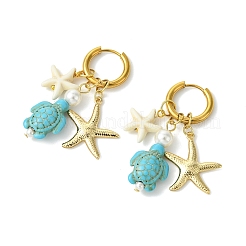 Tortoise Starfish Synthetic Turquoise & Shell Pearl Hoop Earrings&nbsp;EJEW-JE07149