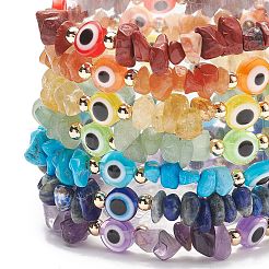 7Pcs Natural & Synthetic Mixed Gemstone Chips & Resin Evil Eye Beaded Stretch Bracelets Set&nbsp;BJEW-JB08814