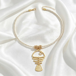 Summer Beach Alloy Fishbone Pendant White Twisted Cord Necklaces for Women&nbsp;WGD5CD2-01