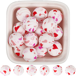 30Pcs Printed Round with Heart Pattern Silicone Focal Beads&nbsp;SIL-SC0002-84F