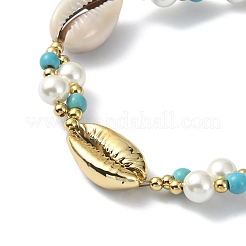 天然シェル＆シェルパール＆合成ターコイズビーズブレスレット  内径：7-1/2インチ（19.1cm）&nbsp;BJEW-TA00418