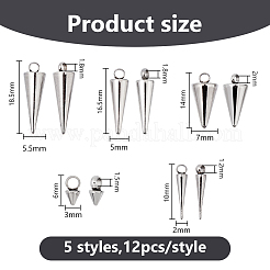 60個 5スタイル 201ステンレススチールペンダント  コーンチャーム  ステンレス鋼色  6~18.5x2~7mm  穴：1.2~1.8mm  12個/スタイル&nbsp;STAS-DC0017-17