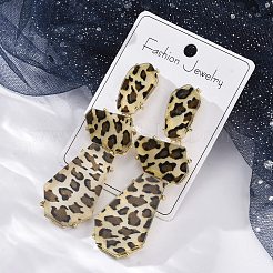 合金アクリルダングルスタッドピアス  ポリゴンの長いヒョウ柄  ゴールドカラー  83x28mm&nbsp;EJEW-M075-01G-04