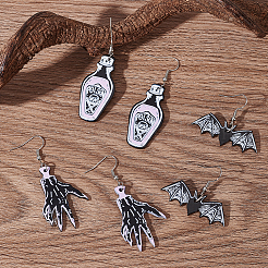 3 Pairs 3 Style Skeleton Hand & Bat & Bottle Acrylic Dangle Earrings for Halloween&nbsp;EJEW-AN0002-93