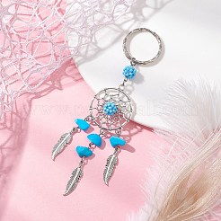 Woven Net/Web with Feather Alloy & Synthetic Turquoise & Glass Seed Keychains&nbsp;KEYC-MZ00041-04