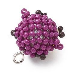 ガラスシードビーズペンダント  プラチナトーンの鉄ループ付き  フクロウチャーム  パープル  20x18x14mm  穴：1.8mm&nbsp;PALLOY-MZ00393