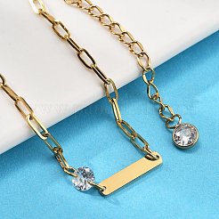 304ステンレススチールペーパークリップチェーンブレスレット  女性用・男性用長方形リンクブレスレット  キュービックジルコニア付き  18KGP本金メッキ  透明  6-3/8インチ（16.1cm）&nbsp;BJEW-A035-04G-02