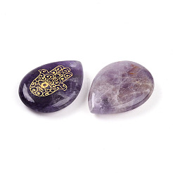 天然石アメジストペンダント  金色の金属で編まれたハムサの手が付いた涙型のチャーム  32.5~33.5x24.5~25.5x7~8mm  穴：2mm&nbsp;G-N345-05D