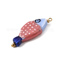 手作りの磁器に304ステンレススチール製のペンダント  魚のチャーム  ゴールドカラー  レッド  35~35.5x13~13.5x5.5~6mm  穴：1.6mm&nbsp;SA-CBA2018-05G-01