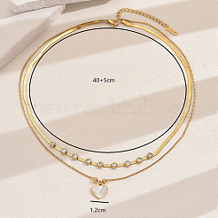 201 Stainless Steel Pave Natural Shell & Crystal Rhinestone Heart Pendant Double Layer Necklaces for Elegant Ladies' Date Party&nbsp;VQ9886