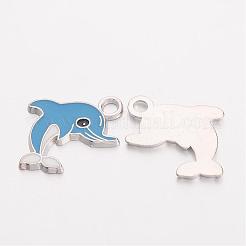合金エナメルチャーム  カドミウムフリー＆鉛フリー  イルカ  プラチナ  ディープスカイブルー  約26.5mm長  20 mm幅  厚さ2mm  穴：2.5mm&nbsp;EA2908Y-4