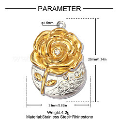 304ステンレススチールラインストーンペンダント  バラの花のチャーム  イオンプレーティング（ip）  長持ちメッキ  クリスタル  本金メッキ&ステンレススチールカラー  29x21mm  穴：1.50mm&nbsp;STAS-OY013-44G