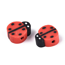 手作り樹脂粘土ビーズ  テントウムシ  レッドオレンジ  8.5~12x7~9x3~5mm  穴：1.6~1.8mm&nbsp;CLAY-H005-01