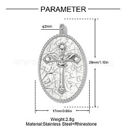 304ステンレスペンダント  クロスチャーム付きオーバル  鏡面研磨仕上げ  ラインストーン付き  ステンレス鋼色  28x17mm&nbsp;STAS-OY014-83P
