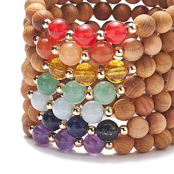 7Pcs 7 Style Natural Wood & Mixed Gemstone Round Beaded Stretch Bracelets Set&nbsp;BJEW-JB08813