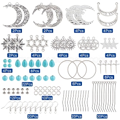 月と星のドロップイヤリング作りキット  合金ペンダント＆リンク＆スペーサービーズを含む  合成ターコイズビーズ  真鍮製のリンキングリングと丸カンとピンとピアスフック  アンティークシルバー  168個/箱&nbsp;DIY-SC0018-38