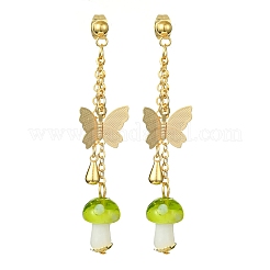 Lampwork Mushroom & Brass Butterfly Dangle Stud Earrings&nbsp;EJEW-TA00376