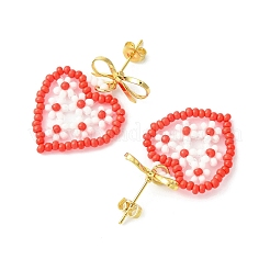 Heart Handmade Glass Seed Beads Dangle Stud Earrings&nbsp;EJEW-MZ00369-01