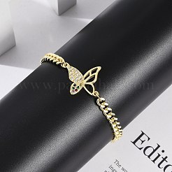 真鍮製マイクロパヴェキュービックジルコニアコネクターブレスレット  女性用キューバチェーンジュエリー  蝶  18KGP本金メッキ  7-3/8インチ（18.7cm）  ペンダント：30x20x4mm&nbsp;BJEW-M050-04G-02