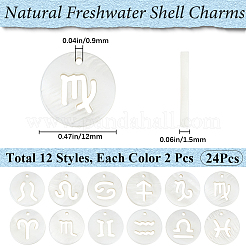 24Pcs 12 Styles 12 Constellation Natural Freshwater Shell Hollower Flat Round Charms&nbsp;SHEL-BBC0001-12
