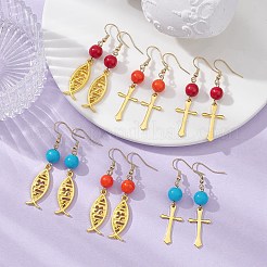 6 ペア 6 スタイル真鍮クロス & 合金イエス フィッシュ ダングル イヤリング  合成ターコイズのラウンドビーズロングドロップイヤリング、304ステンレススチールイヤリングピン付き  ミックスカラー  53x13mm  1ペア/スタイル&nbsp;EJEW-JE05401