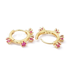 真鍮象眼細工キュービックジルコニアフープピアス  18KGP本金メッキ  カドミウムフリー＆鉛フリー  花  濃いピンク  16x18.5x4mm  ピン：0.8mm&nbsp;X-ZIRC-P090-17G-B