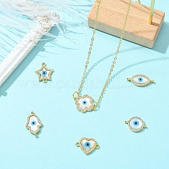 6Pcs 6 Styles Brass Micro Pave Clear Cubic Zirconia & Natural Shell Evil Eye Links Connector Charms&nbsp;KK-CJ0003-44