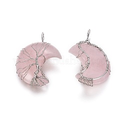 天然ローズクォーツ生命の木ワイヤーラップペンダント  真鍮パーツ  三日月  プラチナ  44~46x26~32x12.5mm  穴：6.5x4.5mm&nbsp;G-L520-E01-P