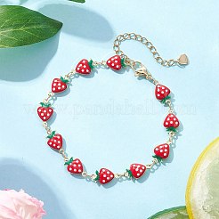 Brass Enamel Strawberry Link Chain Bracelets for Women&nbsp;BJEW-JB12578