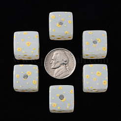 アクリルビーズ-プリント  花模様の正方形  ゴールド  16x16x16mm  穴：3mm&nbsp;MACR-S374-11C-01