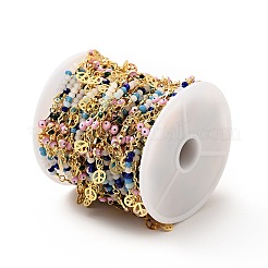 エナメル チェリーとイービル アイ リンク チェーン  本物の 18K 金メッキの真鍮製ピースサイン チャームとガラス製の丸いビーズ  鉛フリー＆カドミウムフリー  ハンダ付け  スプールで  パールピンク  11.5x7.5x3mm  25x3.5&nbsp;CHC-G017-22G-02