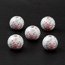 印刷された天然木のヨーロッパのビーズ  大穴ビーズ  クリスマスの葉模様の丸い  ホワイト  19mm  穴：4mm&nbsp;WOOD-C015-06C