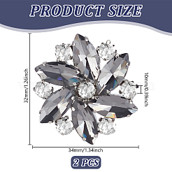 2 個のプラチナ合金靴バックルクリップ  ガラスラインストーン付き  花  ブラックダイヤモンド  32x34x10mm&nbsp;ALRI-FG0001-04A