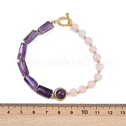 Natural Rose Quartz & Natural Amethyst & Brass Round & Prism Beaded Bracelets for Women&nbsp;BJEW-G752-01G-06
